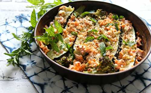 Gratin de courgettes, brocolis, saumon et feta