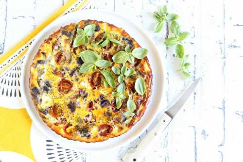 Quiche sans pâte aux pommes de terre Vitelotte, tomates cerises et chèvre