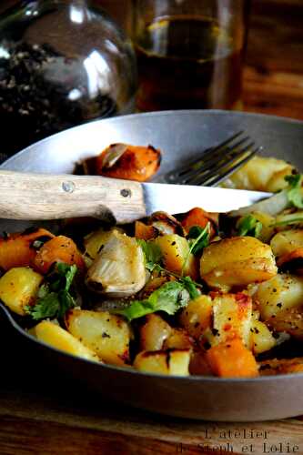 Sauté de patates, patates douces et ail en chemise