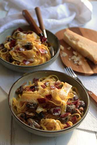 Carbonara aux champignons et tagliatelles de carottes