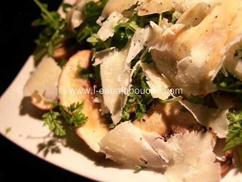 Carpaccio de Champignons au Cerfeuil Roquette et Parmesan