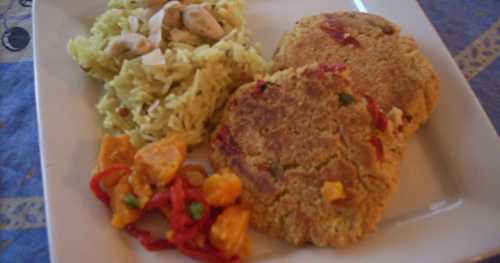 Croquettes de tofu à l'orientale, genre crab cake, avec riz parfumé