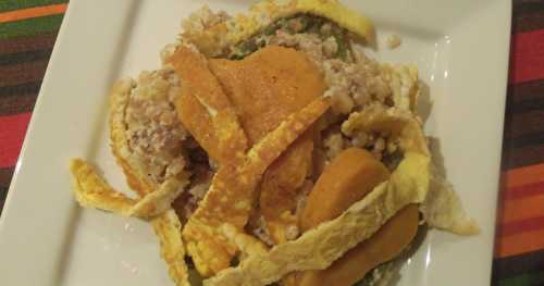 Fregola sarda au citron et asperges, avec gnocchi de patate et douce et frisures d'oeuf