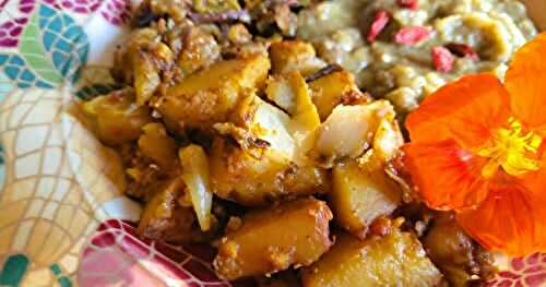  Ragoût de pommes de terre et aubergines sur purée de lentilles { Dhansak }
