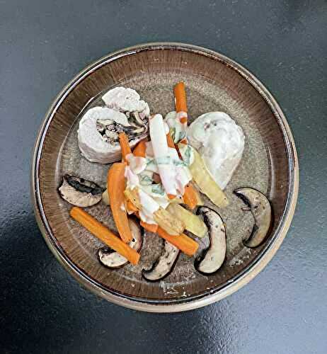 Ballottine de volaille, chorizo, légumes glacés à la crème de parmesan