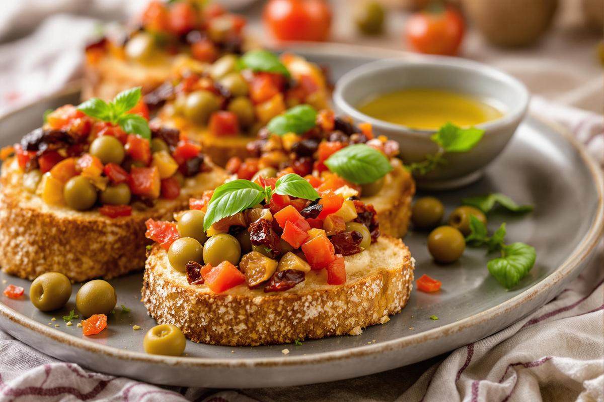 Bruschetta olives vertes & tomates confites : le snack irrésistible