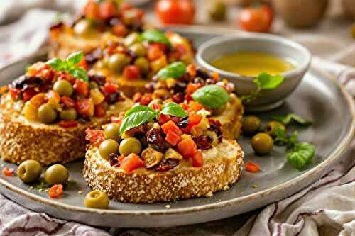 Bruschetta olives vertes & tomates confites : le snack irrésistible