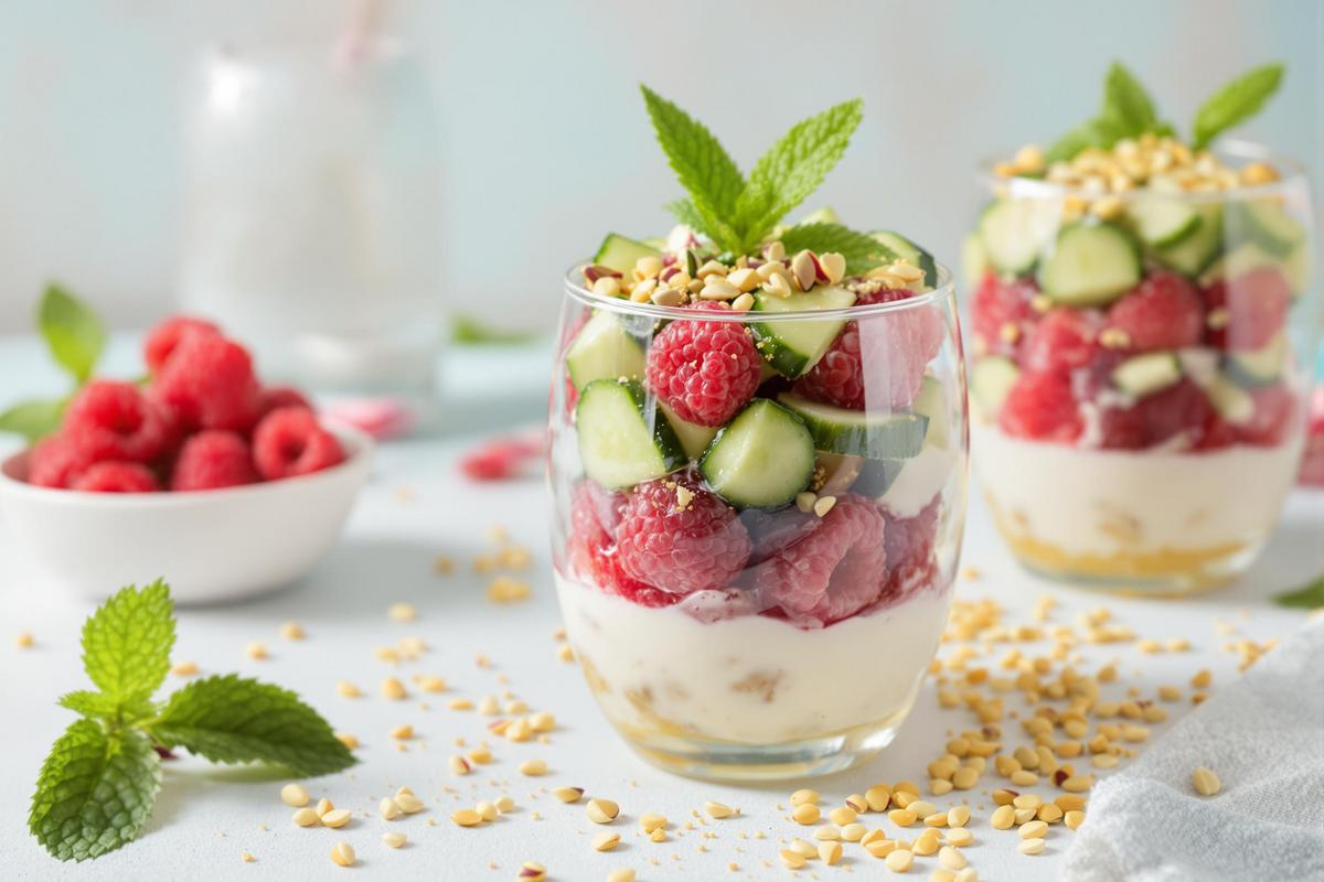 Canicule : verrines concombre-yaourt grec & framboises en 3 min (frais et surprenant !)