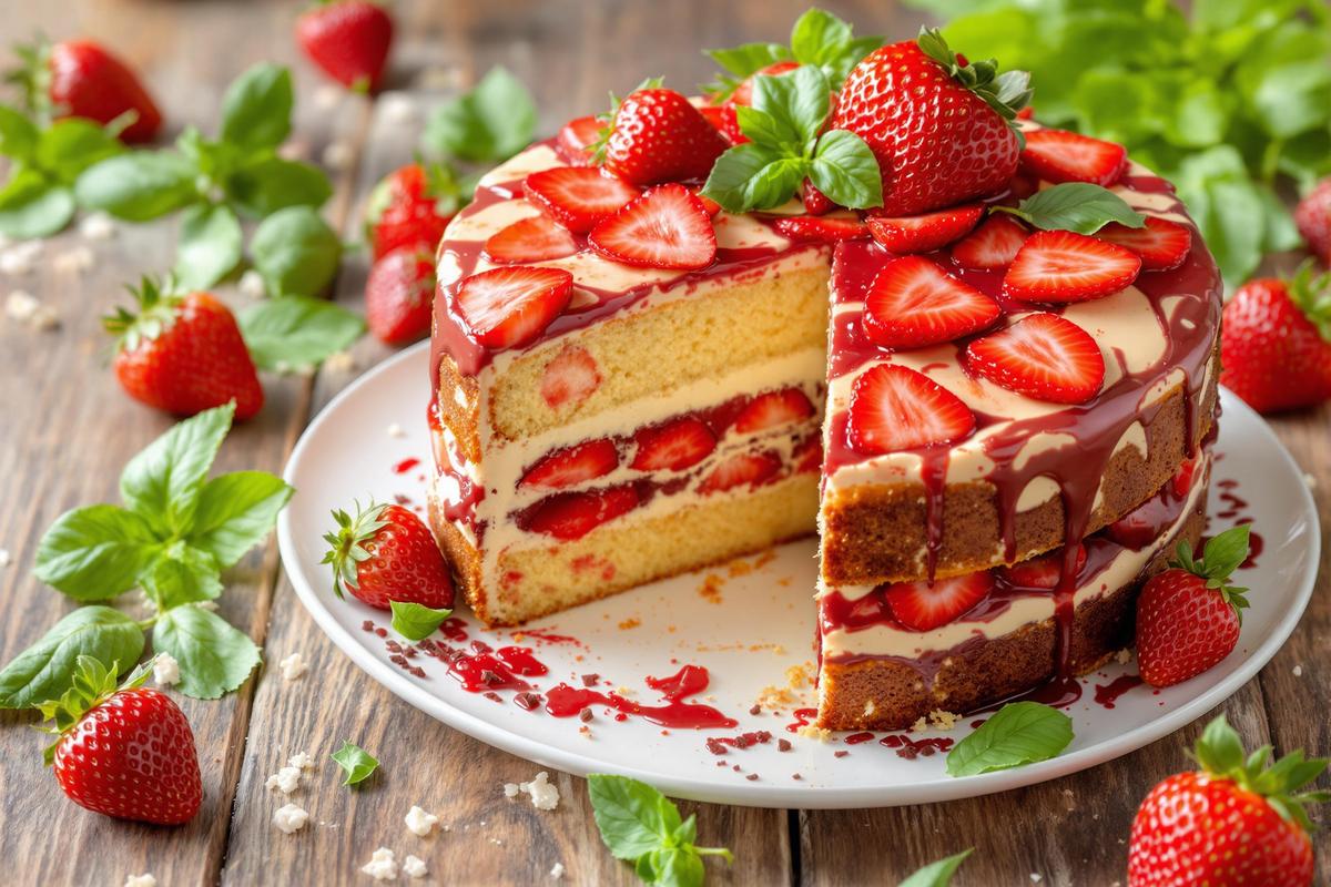 Gâteau aux fraises d’ici, chocolat blanc et basilic