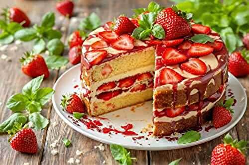 Gâteau aux fraises d’ici, chocolat blanc et basilic