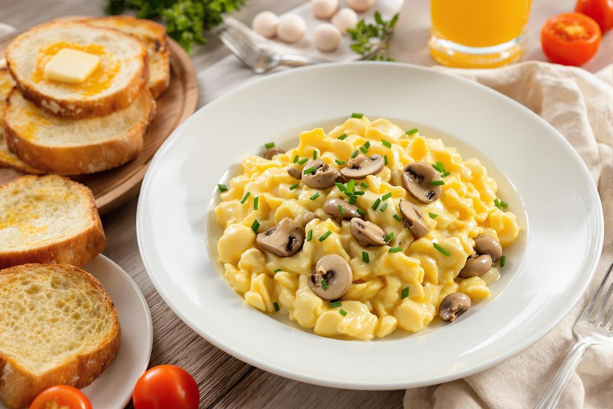 Oeufs brouillés crémeux aux champignons, idéal pour un brunch pluvieux