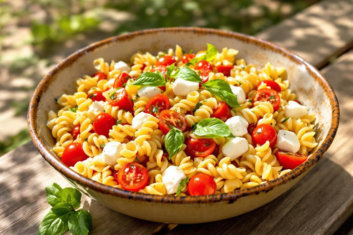Pâtes caprese express : l’Italie en salade en 10 min