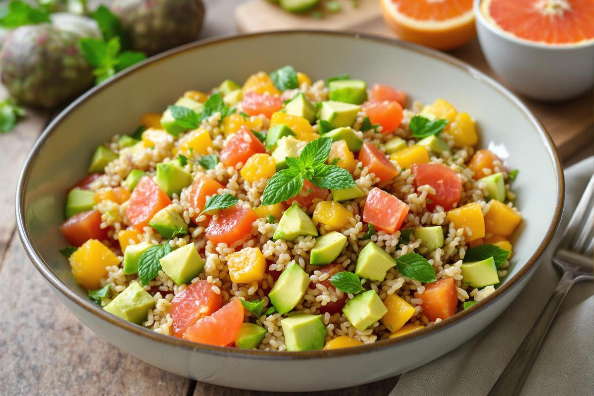 Salade de riz complet agrumes–avocat : équilibre sucré-salé