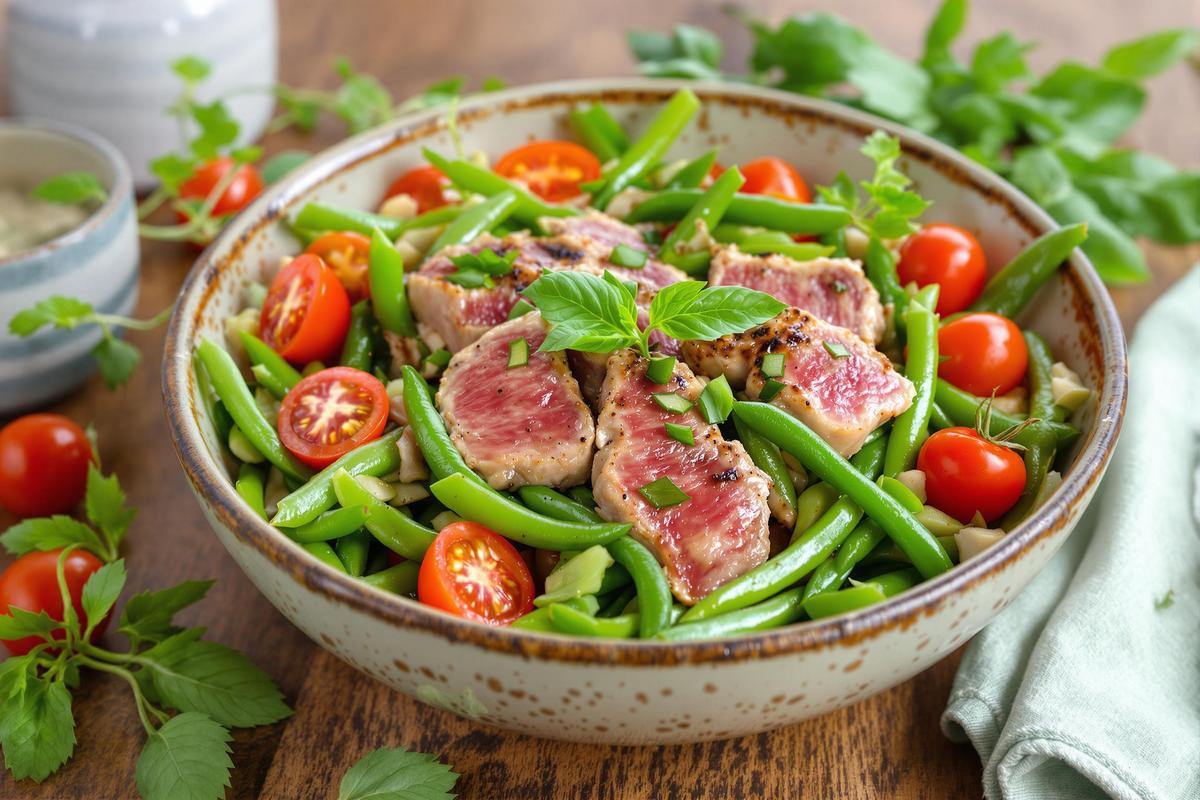 Salade fraîche de thon mi-cuit, tomates cerises et haricots verts du potager