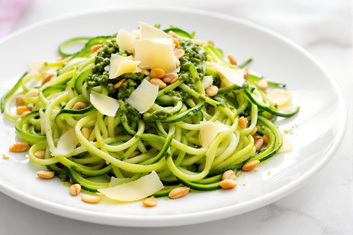 Spaghettis de courgette froids, pesto roquette & pignons : la recette bluffante