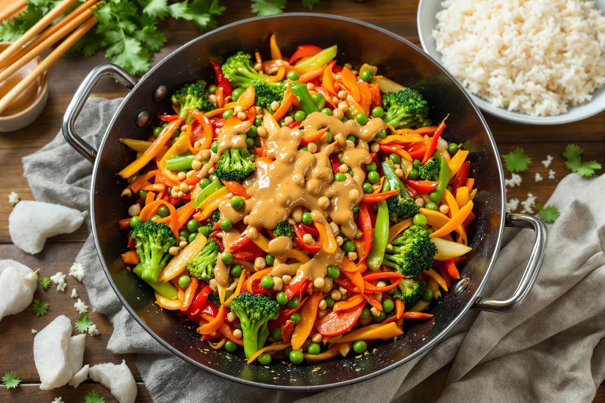 Wok de légumes croquants et sauce cacahuète, un repas équilibré et plein de saveurs