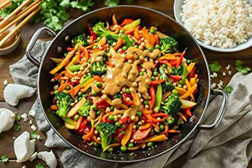 Wok de légumes croquants et sauce cacahuète, un repas équilibré et plein de saveurs