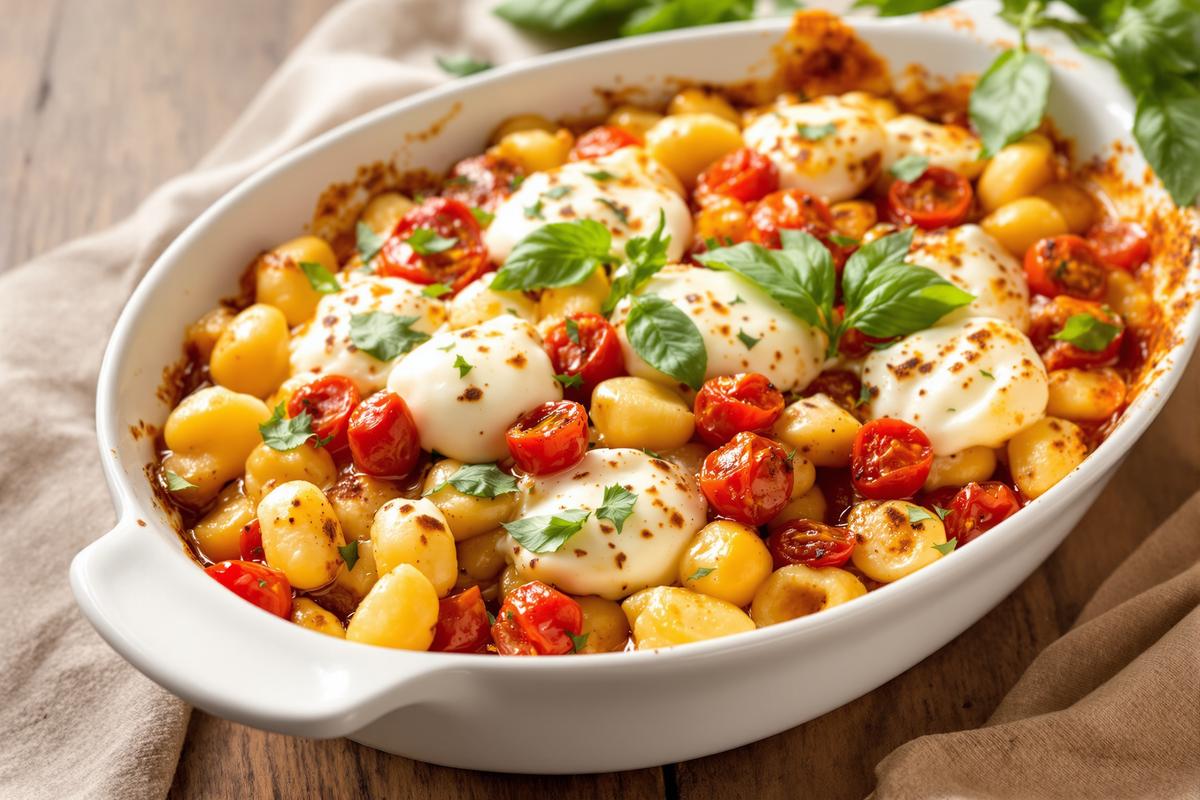 « Ensoleillé et fondant » : mon gratin de gnocchis aux tomates cerises rôties et mozzarella
