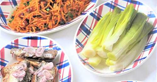 Récap 72 : Hors d'oeuvre variés (carottes râpées, poireaux gribiche, salade des Folies Bergère, sprats à l'échalote ...)