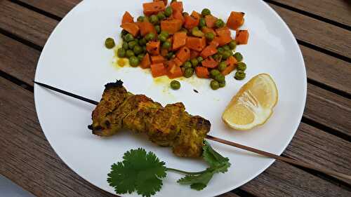 Brochettes de poulet tandoori, gajjar mattar