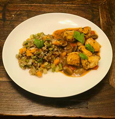 Poulet à la diable, risotto de petit épeautre aux légumes