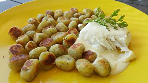 Cabillaud, gnocchi au persil et sauce au whisky