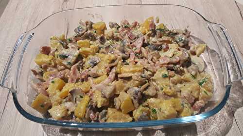 Gratin de pâtisson, champignons et lardons