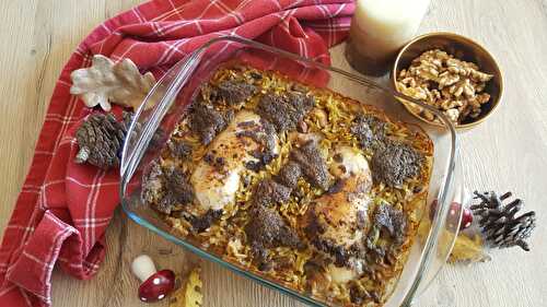 Poêlée de pâtes Orzo, champignons sauvages, poulet et pesto noix-sauge