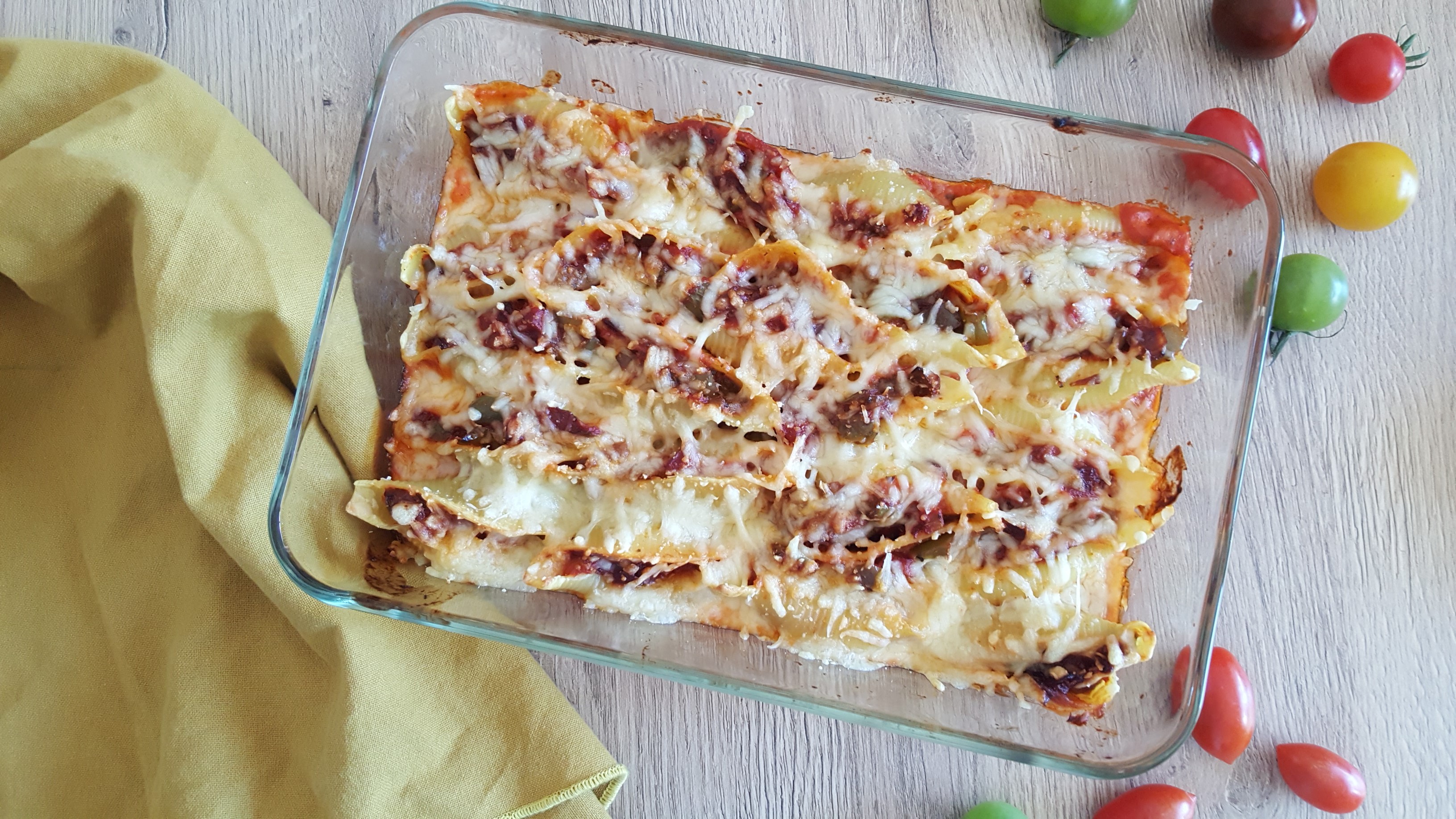 Gratin de conchiglioni aux poivrons et chorizo