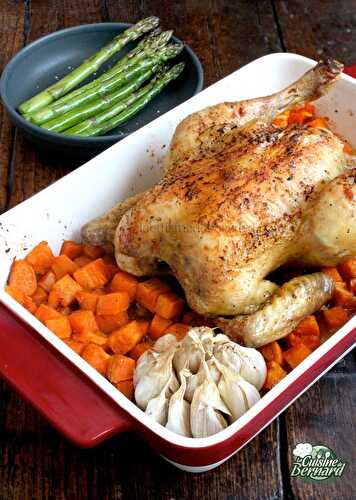 Poulet grillé, asperges vertes et patates douces au four