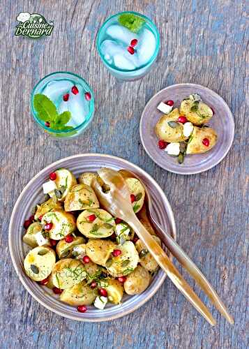 Salade de pommes de terre de primeur au chèvre, grenade, menthe et citron