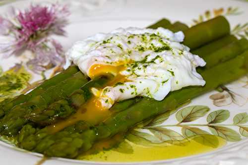 Asperges vertes, vinaigrette à l’ail des ours et son œuf poché