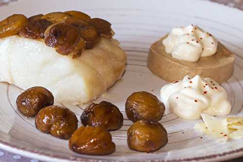 Dos de cabillaud en écailles de châtaignes, crème de châtaignes et son espuma