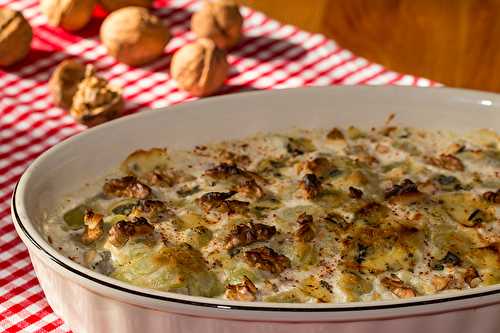 Gratin d'endives et roquefort aux ravioles du Dauphiné