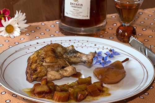 Suprêmes de pintade, rhubarbe sautée aux épices et poires pochées au Ratafia de Champagne