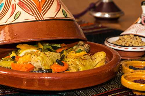 Tajine de poulet aux citrons confits et légumes au four