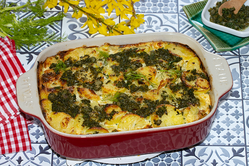 Gratin de pommes de terre, fenouil et saumon fumé