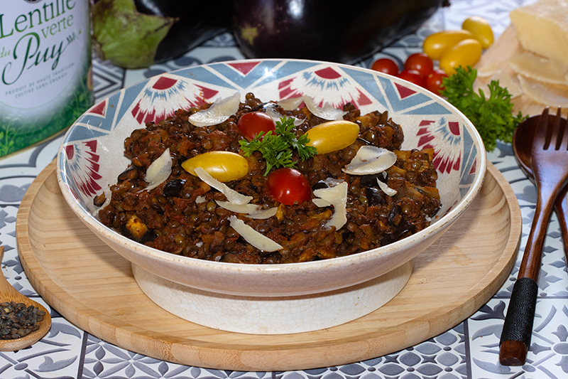 Lentilles vertes du Puy à la parmigiana, aubergines rôties