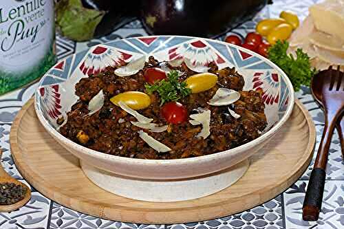 Lentilles vertes du Puy à la parmigiana, aubergines rôties