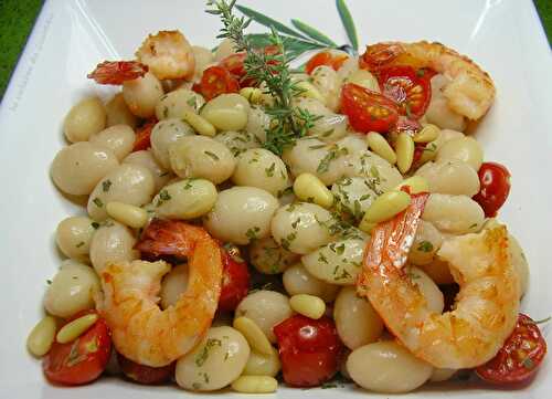 Salade de coco de paimpol aux tomates cerise et gambas grillées - la cuisine de josette