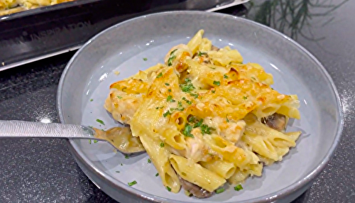 Gratin de pâtes au poulet et champignons