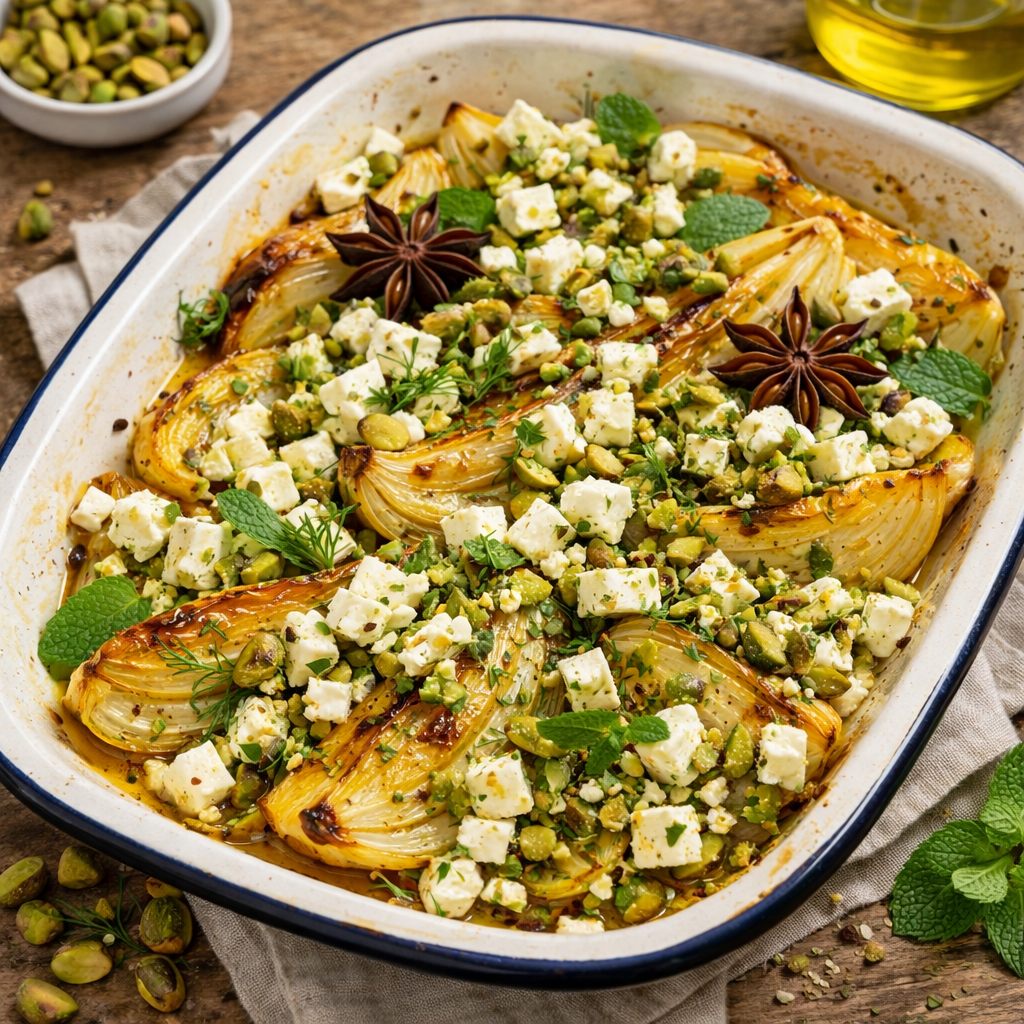 Fenouil Rôti à l'Orange et à l'Anis Étoilé, Feta Marinée aux Herbes et Pistaches