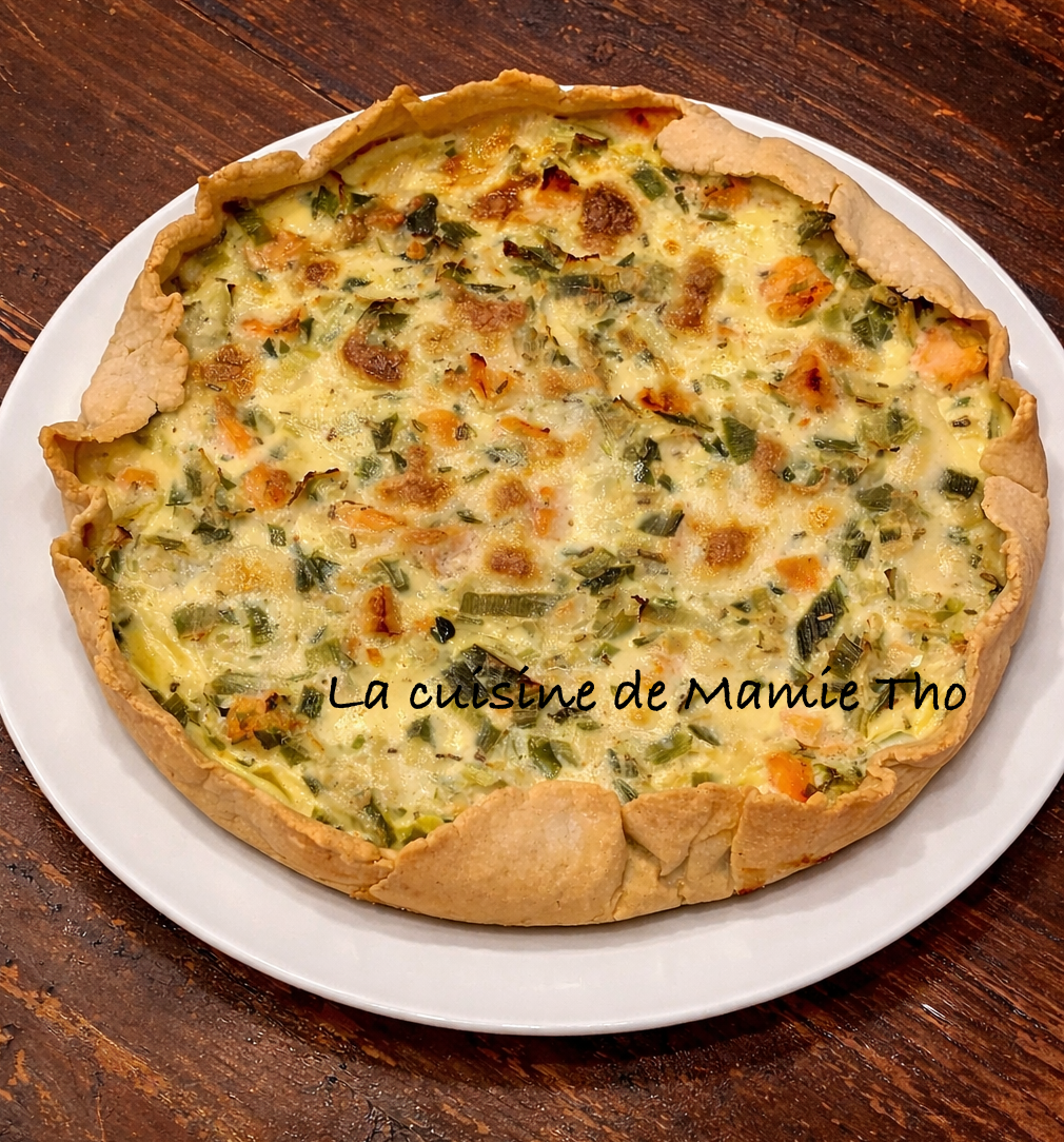 Quiche aux poireaux, saumon frais et moutarde à l'ancienne