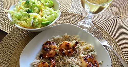 Crevettes bbq miel-sriracha sur riz orange-gingembre + 