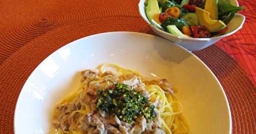 Pâtes au crabe, au lait de coco et au pesto 