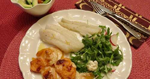 Gratins de patate douce au parmesan, filets de flétan à l’estragon + 