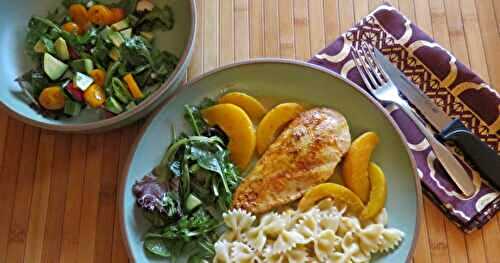 Escalopes de poulet aux pêches et au cari 