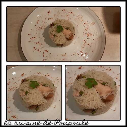 Risotto escalope de poulet, champignons et petits pois