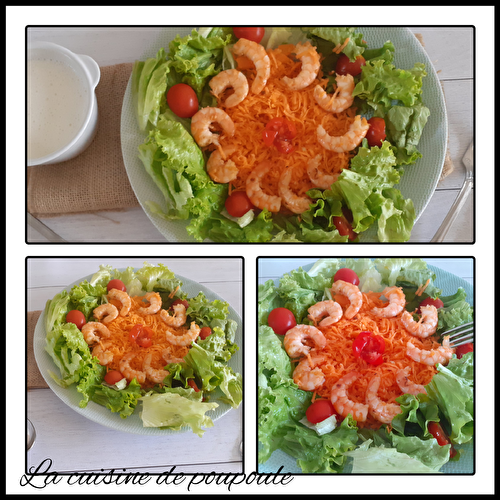 Salade aux crevettes grillées et carottes râpées, sauce au fromage blanc de chèvre au concombre