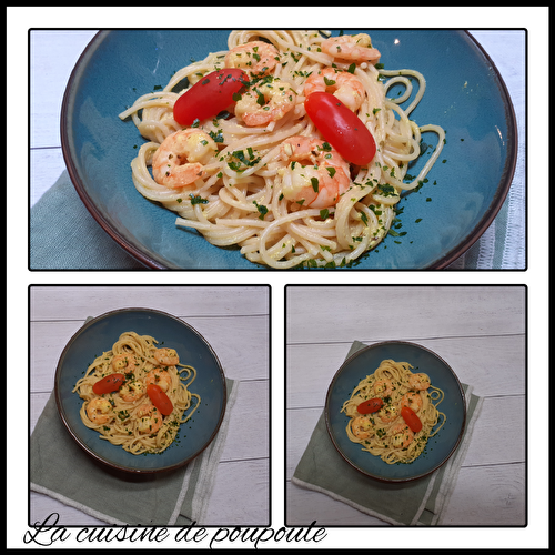 Spaghetti aux crevettes, sauce au yaourt et épices